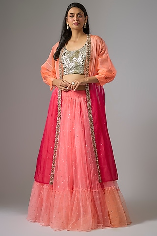 Peach Net Tiered Jacket Lehenga Set by Kriti Bapna