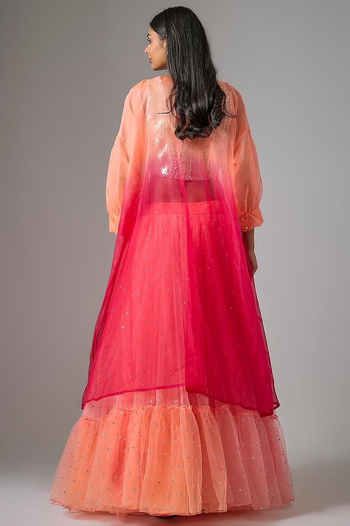 Peach Net Tiered Jacket Wedding Lehenga Set by Kriti Bapna at Pernia's Pop Up Shop
