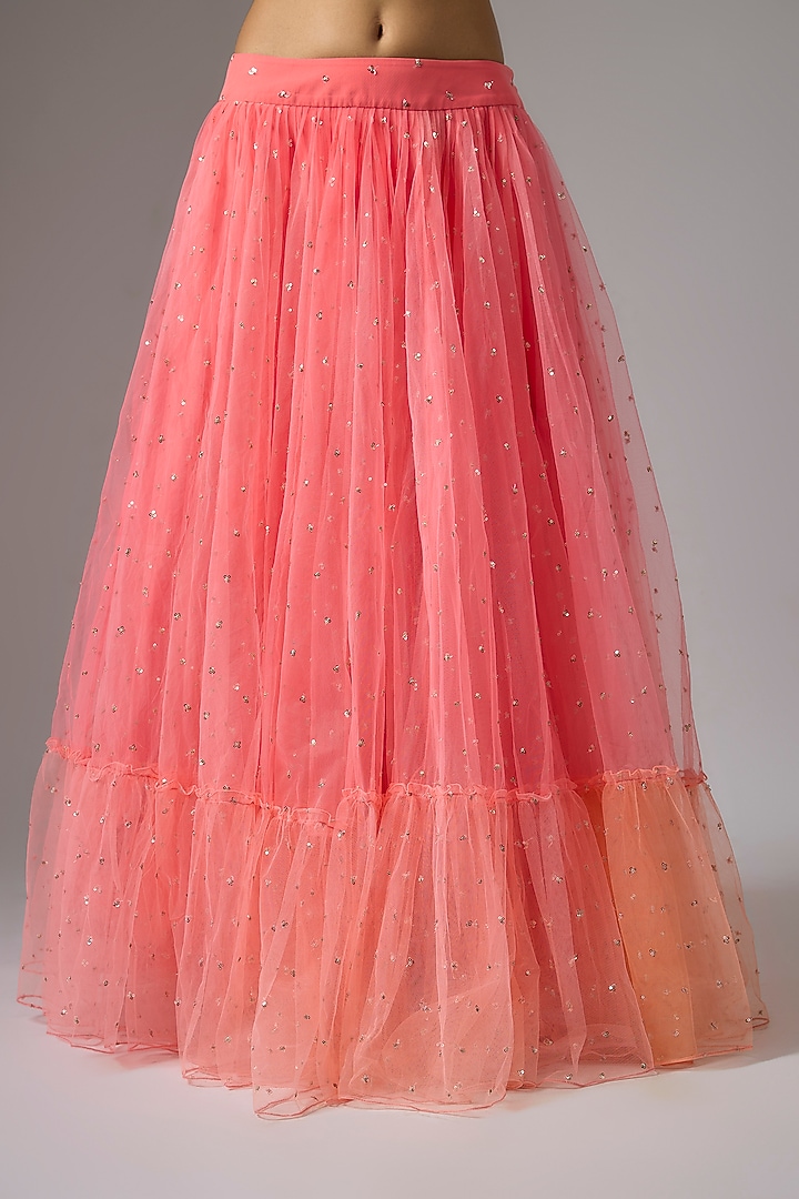 Peach Net Tiered Jacket Wedding Lehenga Set by Kriti Bapna at Pernia's Pop Up Shop