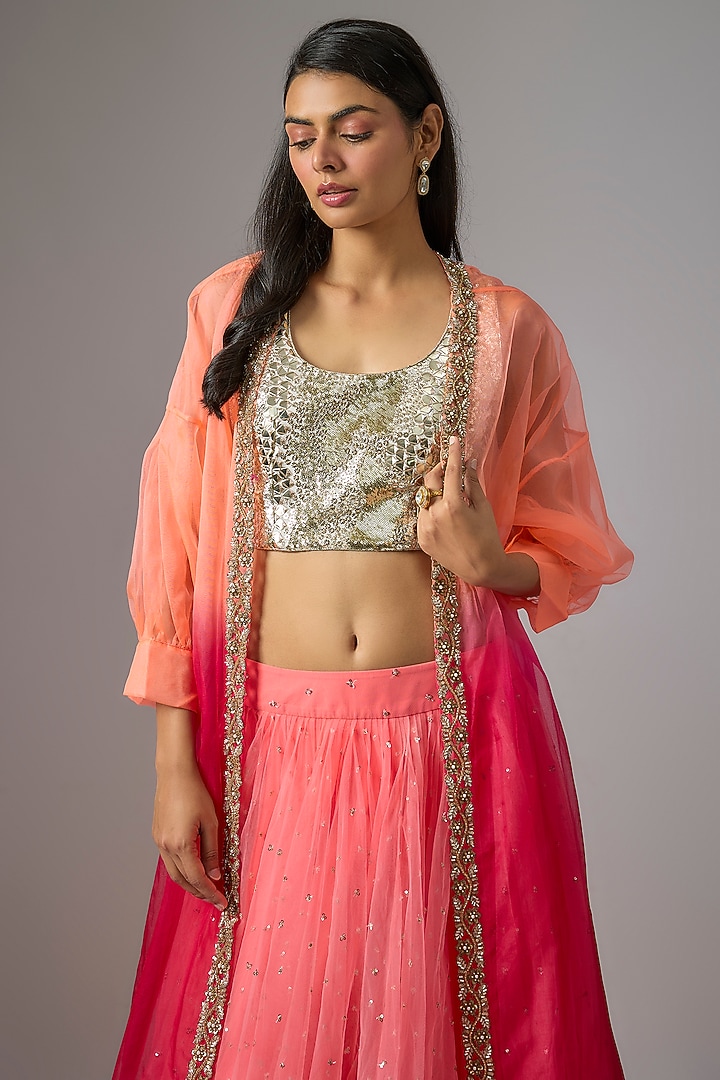 Peach Net Tiered Jacket Wedding Lehenga Set by Kriti Bapna at Pernia's Pop Up Shop