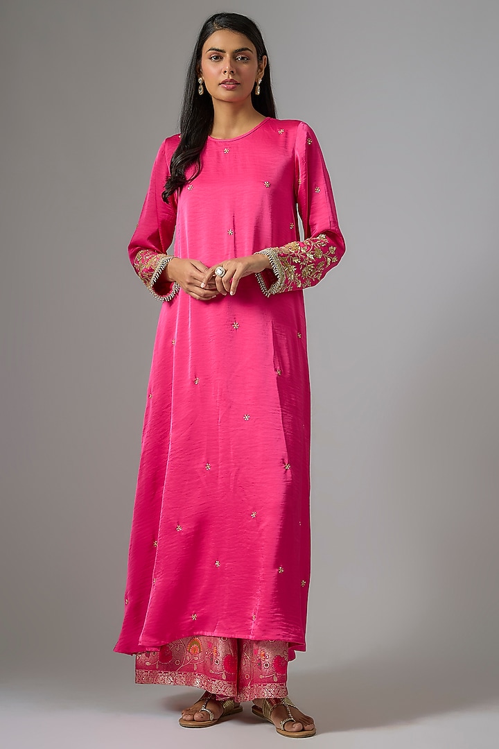 Pink Imported Satin Zardosi Embroidered Party Wear Anarkali Set by Kriti Bapna at Pernia's Pop Up Shop
