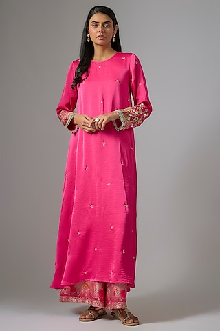 Pink Imported Satin Zardosi Embroidered Anarkali Set by Kriti Bapna