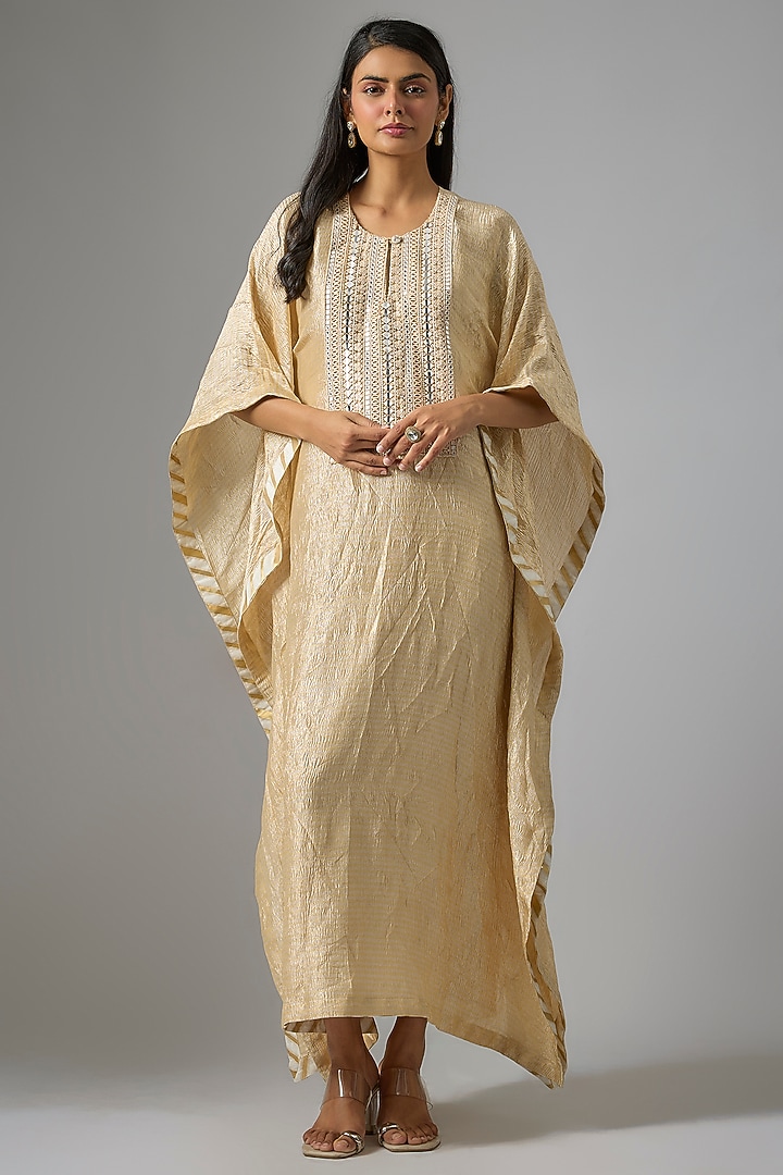 Gold & Silver Tissue Mirror Embroidered Kaftan by Kriti Bapna at Pernia's Pop Up Shop