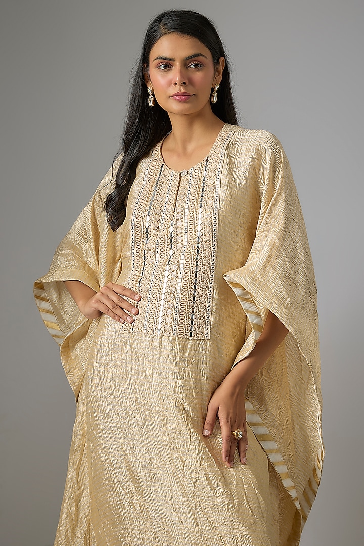 Gold & Silver Tissue Mirror Embroidered Kaftan by Kriti Bapna at Pernia's Pop Up Shop