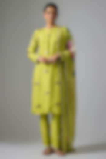 Lime Green Silk Embroidered Kurta Set by Kriti Bapna at Pernia's Pop Up Shop