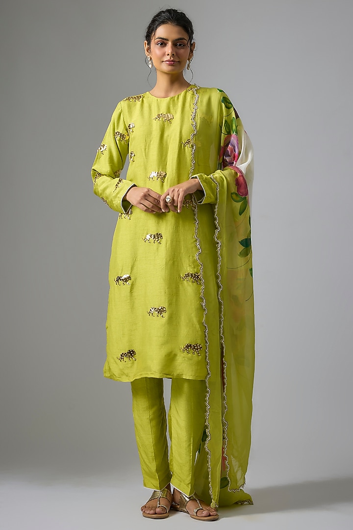 Lime Green Silk Embroidered Kurta Set by Kriti Bapna at Pernia's Pop Up Shop