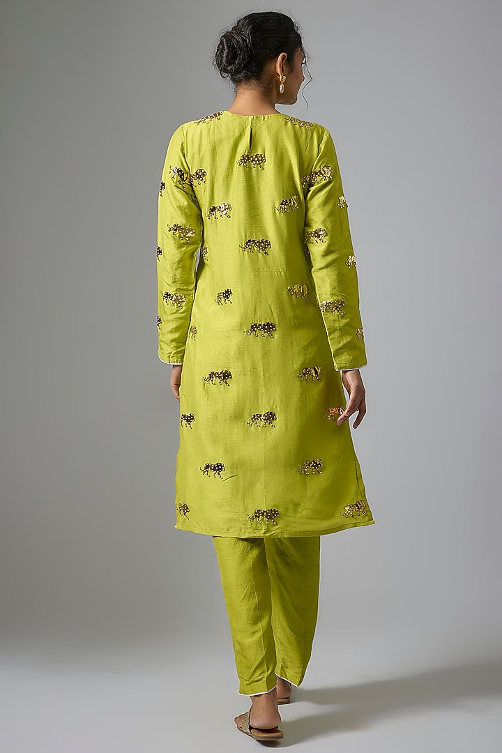 Lime Green Silk Embroidered Kurta Set by Kriti Bapna at Pernia's Pop Up Shop