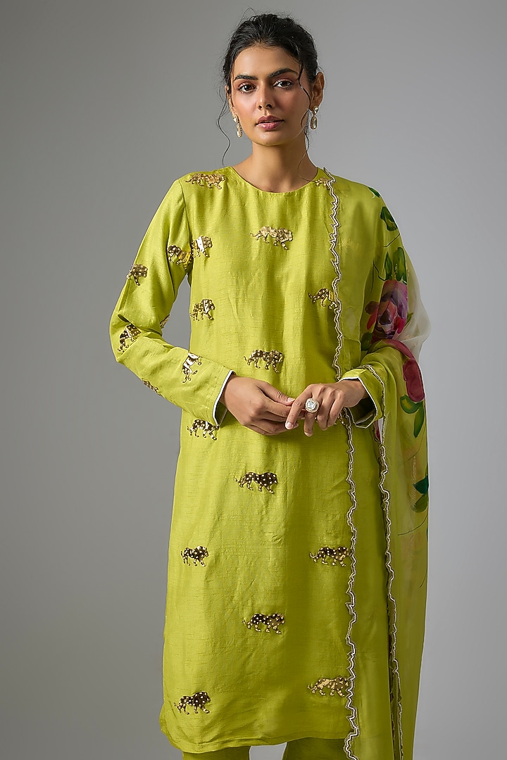 Lime Green Silk Embroidered Kurta Set by Kriti Bapna at Pernia's Pop Up Shop