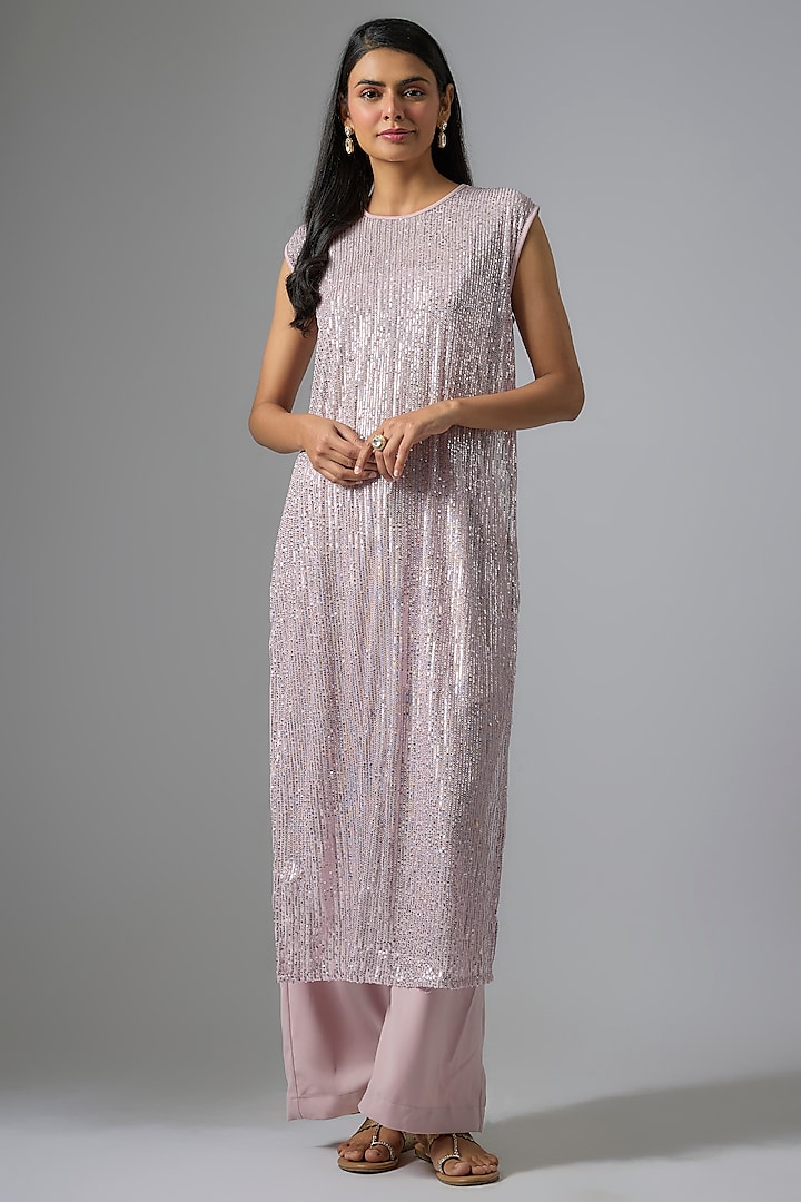 Purple Net Sequins Embroidered Kurta Set by Kriti Bapna at Pernia's Pop Up Shop