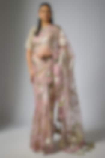 Pink Foil Organza Party Wear Saree Set by Kriti Bapna at Pernia's Pop Up Shop