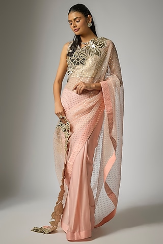 Peach Organza Sequinned Saree Set by Kriti Bapna