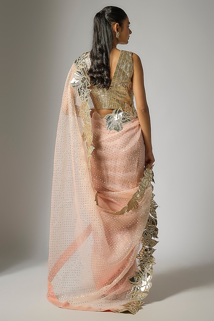 Peach Organza Sequinned Party Wear Saree Set by Kriti Bapna at Pernia's Pop Up Shop
