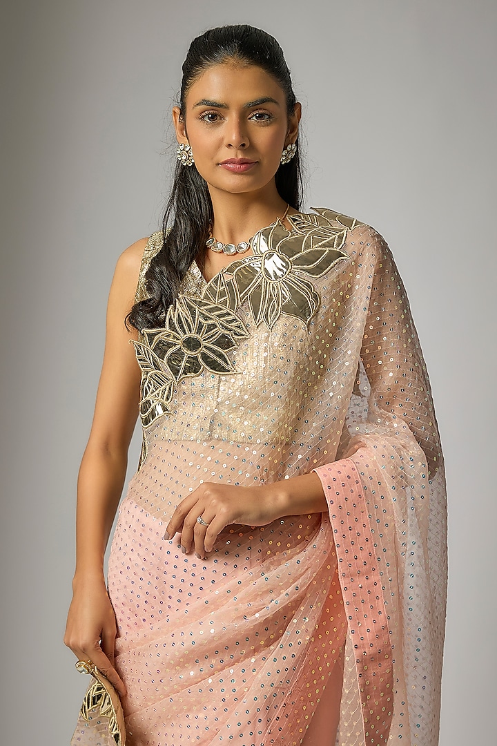 Peach Organza Sequinned Party Wear Saree Set by Kriti Bapna at Pernia's Pop Up Shop