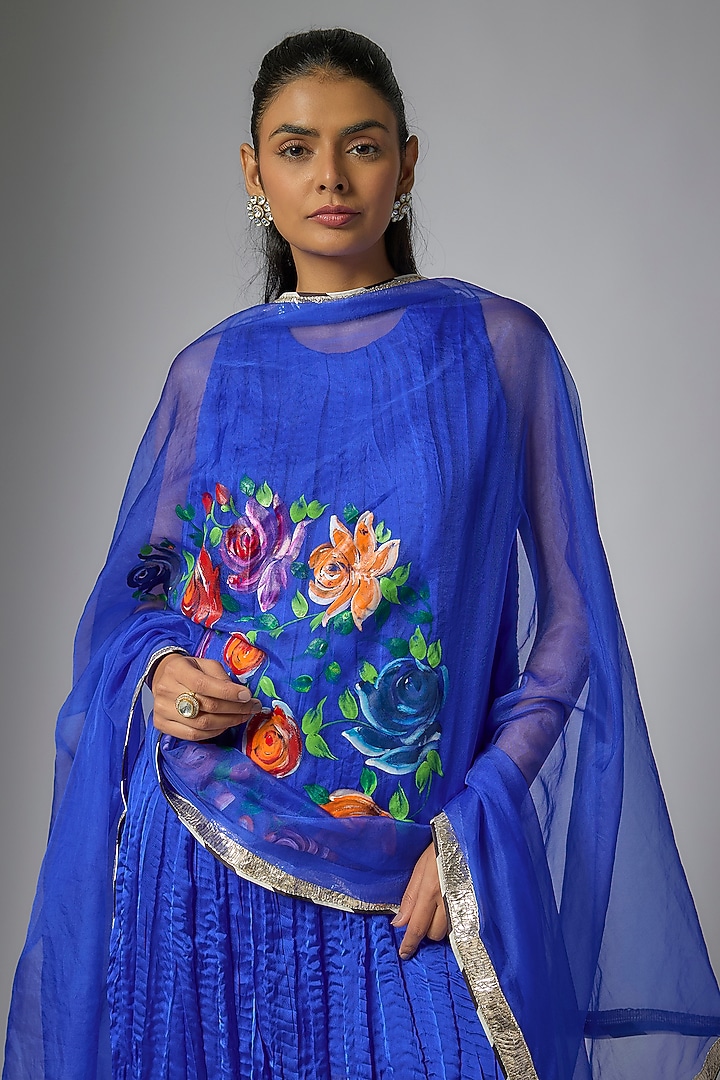 Blue Silk Satin Crushed Kurta Set by Kriti Bapna at Pernia's Pop Up Shop
