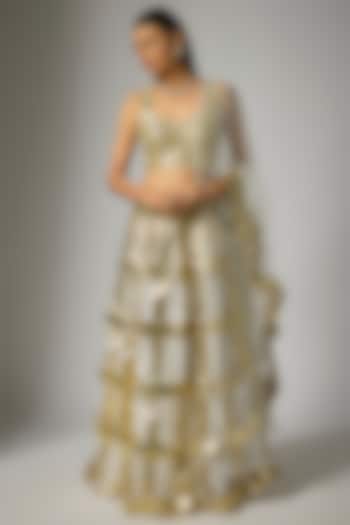 White & Gold Organza Applique Embroidered Wedding Lehenga Set by Kriti Bapna at Pernia's Pop Up Shop