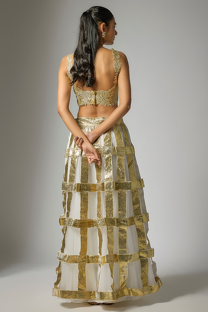 White & Gold Organza Applique Embroidered Wedding Lehenga Set by Kriti Bapna at Pernia's Pop Up Shop