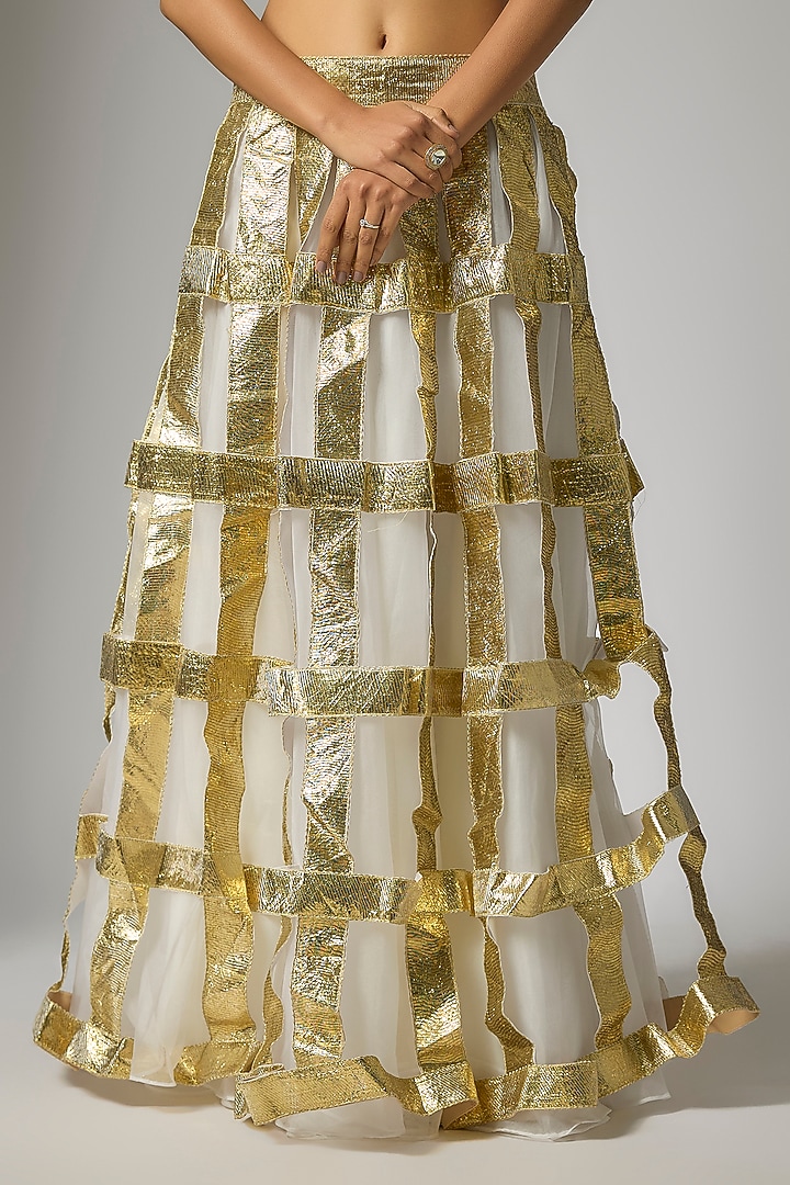 White & Gold Organza Applique Embroidered Wedding Lehenga Set by Kriti Bapna at Pernia's Pop Up Shop
