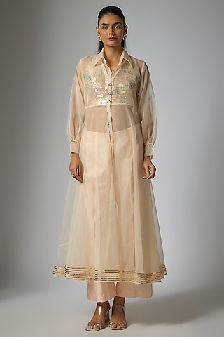 Peach Organza Anarkali Set by Kriti Bapna