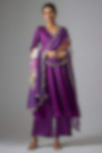 Purple Silk Satin Zardosi Embroidered Party Wear Anarkali Set by Kriti Bapna at Pernia's Pop Up Shop