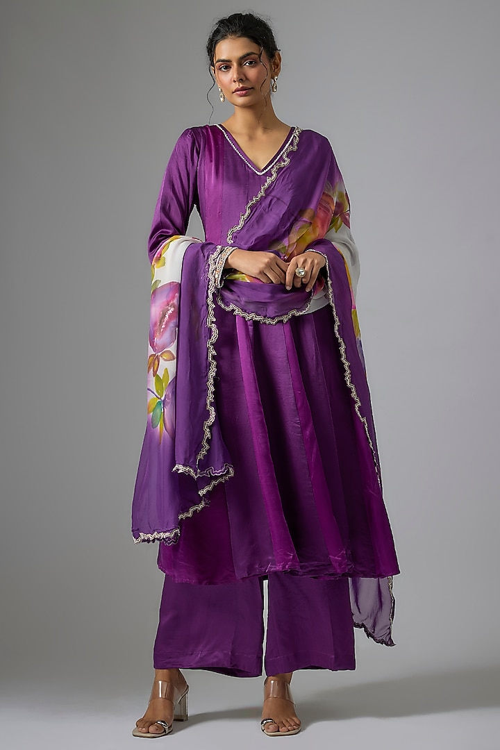 Purple Silk Satin Zardosi Embroidered Party Wear Anarkali Set by Kriti Bapna at Pernia's Pop Up Shop