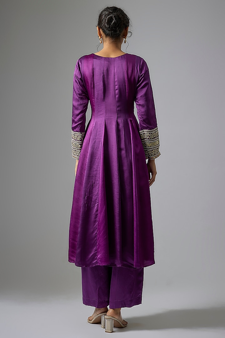 Purple Silk Satin Zardosi Embroidered Party Wear Anarkali Set by Kriti Bapna at Pernia's Pop Up Shop