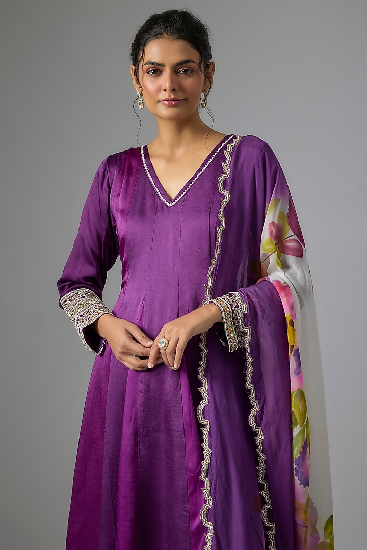 Purple Silk Satin Zardosi Embroidered Party Wear Anarkali Set by Kriti Bapna at Pernia's Pop Up Shop