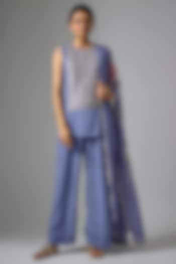 Blue Chinon Cutwork & Foil Printed Kurta Set by Kriti Bapna at Pernia's Pop Up Shop