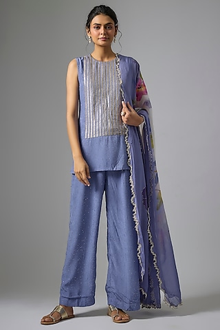 Blue Chinon Cutwork & Foil Printed Kurta Set by Kriti Bapna