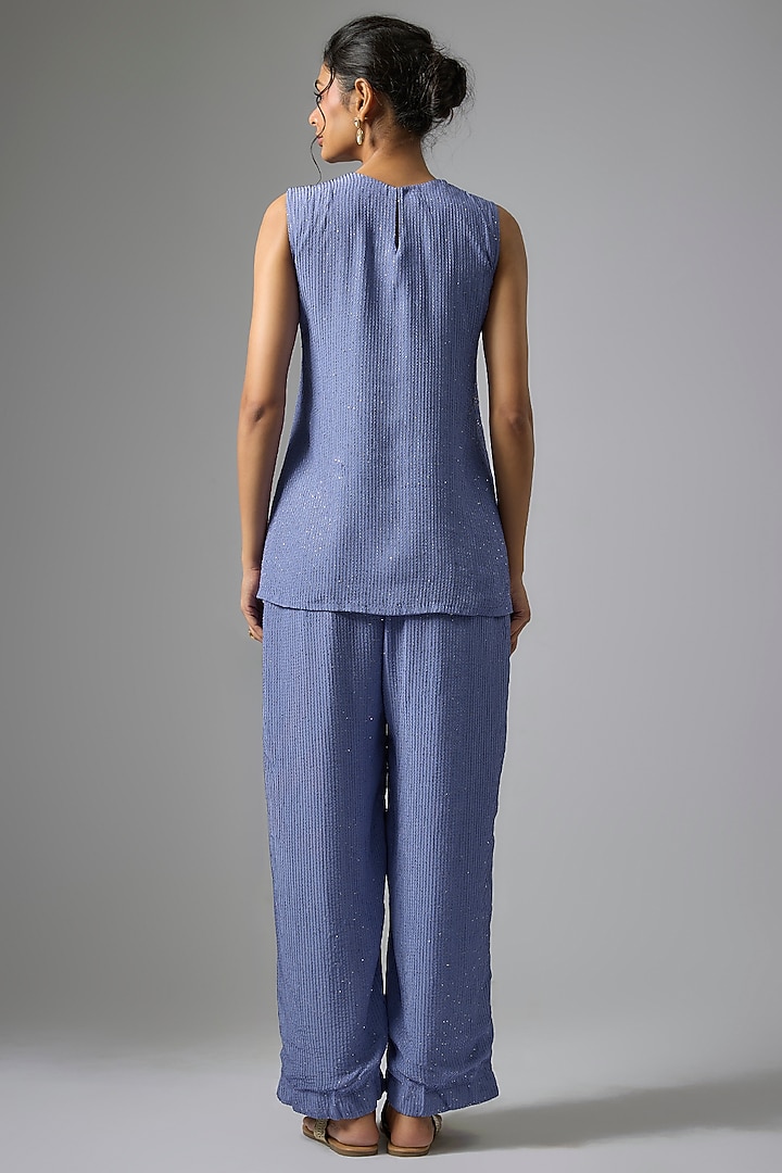 Blue Chinon Cutwork & Foil Printed Kurta Set by Kriti Bapna at Pernia's Pop Up Shop