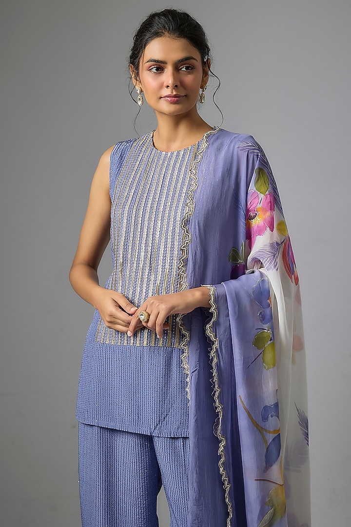 Blue Chinon Cutwork & Foil Printed Kurta Set by Kriti Bapna at Pernia's Pop Up Shop