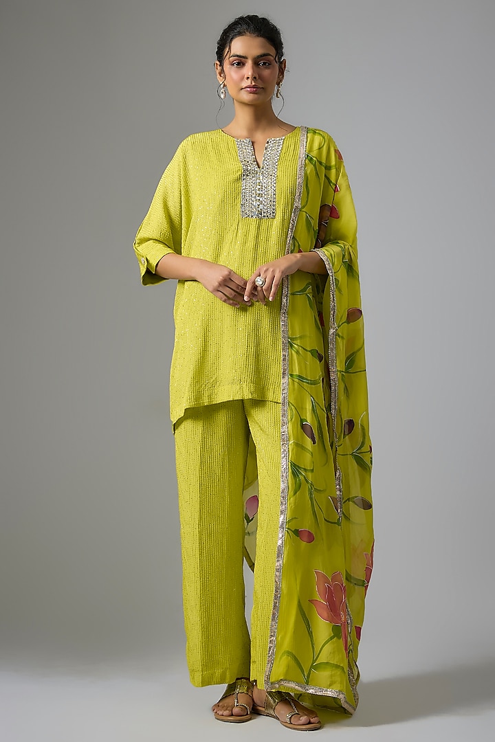 Lime Green Chinon Gota Embroidered Kurta Set by Kriti Bapna at Pernia's Pop Up Shop