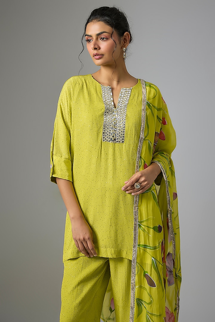 Lime Green Chinon Gota Embroidered Kurta Set by Kriti Bapna at Pernia's Pop Up Shop