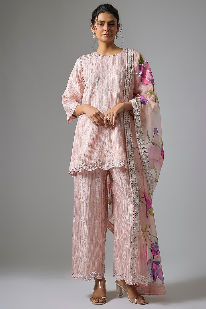 Pink Satin Georgette Mirror Embroidered Kurta Set by Kriti Bapna at Pernia's Pop Up Shop