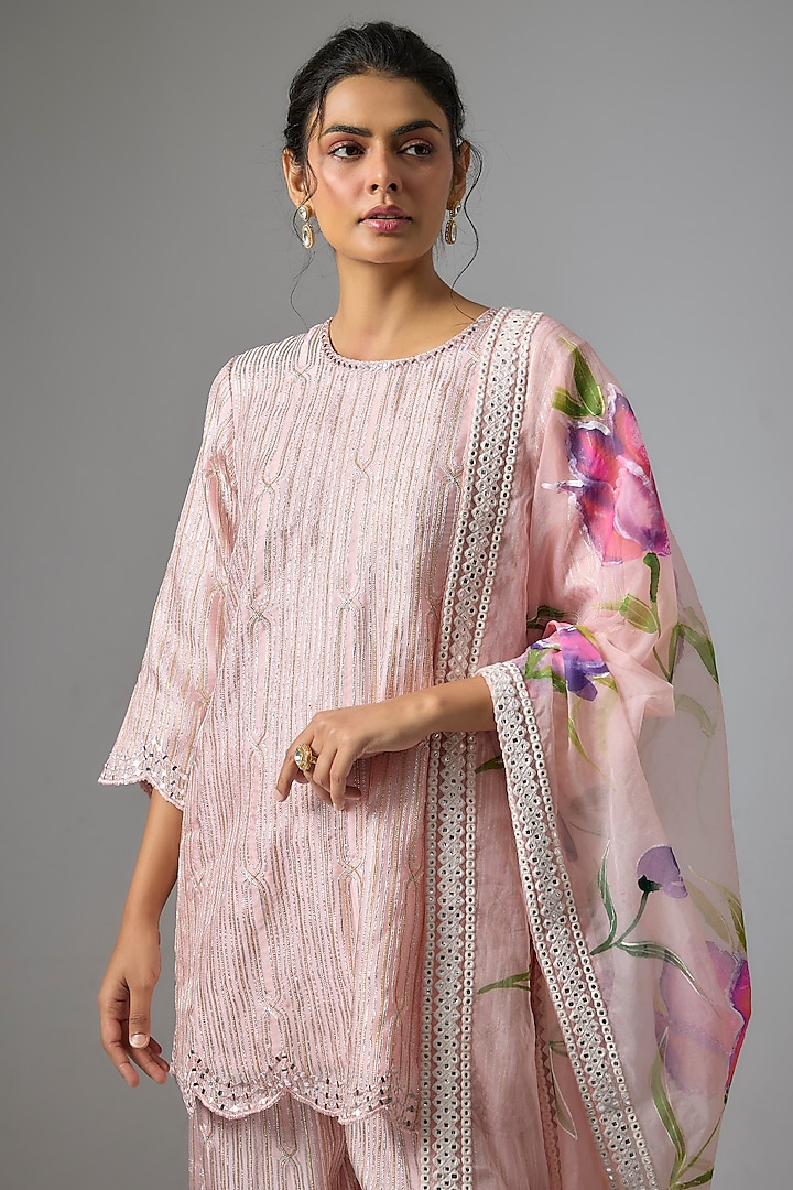 Pink Satin Georgette Mirror Embroidered Kurta Set by Kriti Bapna at Pernia's Pop Up Shop