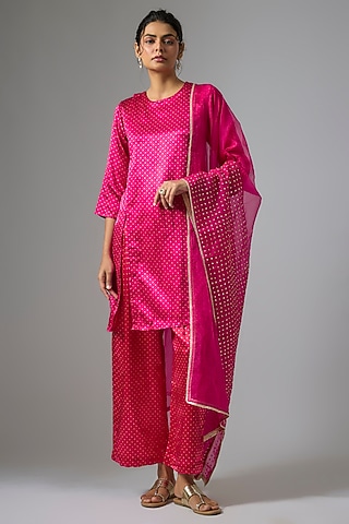 Pink Gajji Satin Polka Dot Printed Kurta Set by Kriti Bapna
