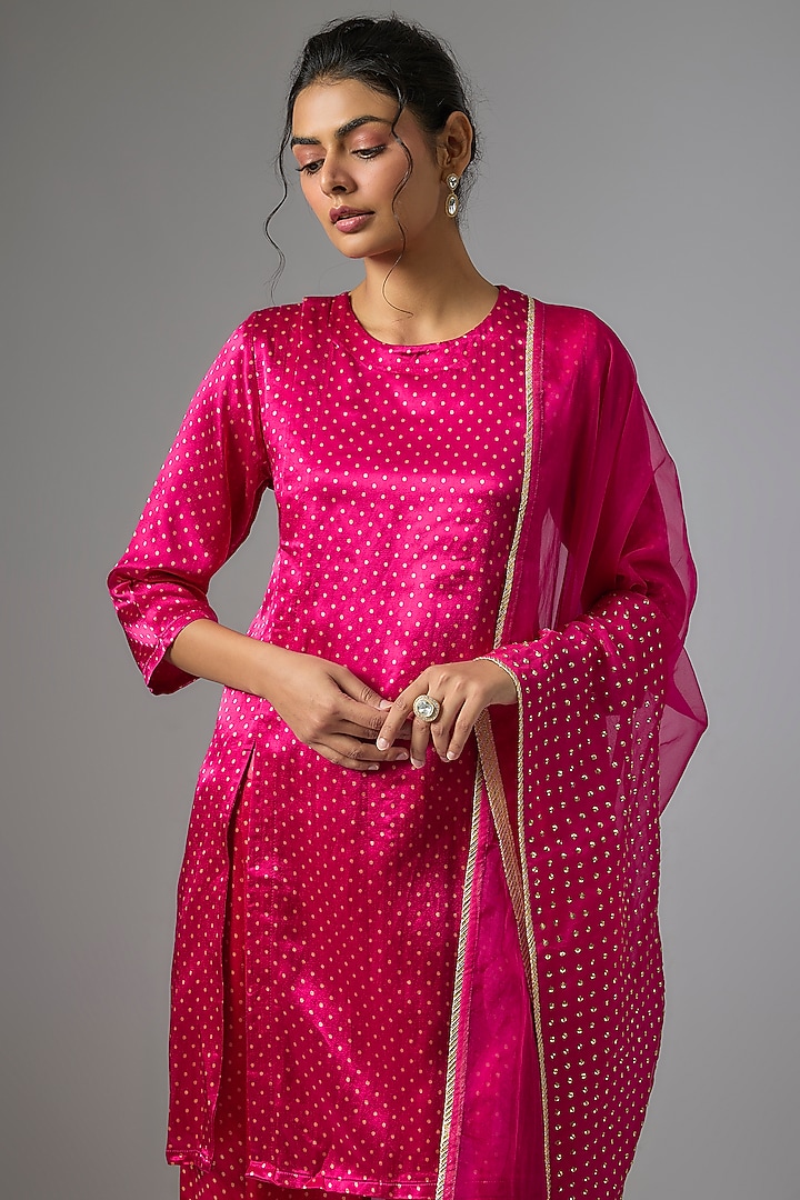 Pink Gajji Satin Polka Dot Printed Kurta Set by Kriti Bapna at Pernia's Pop Up Shop