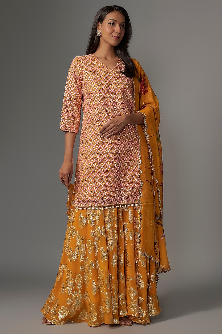 Orange Net Mirror Embroidered Kurta Set by Kriti Bapna at Pernia's Pop Up Shop