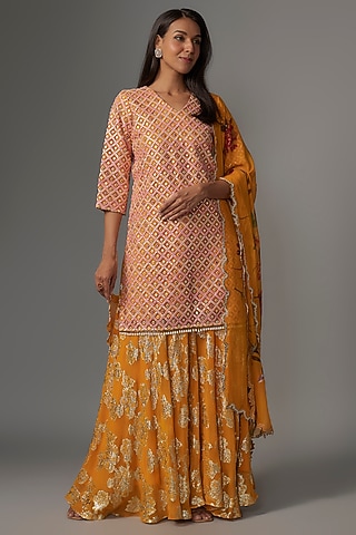 Orange Net Mirror Embroidered Kurta Set by Kriti Bapna