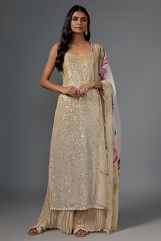 Gold Net Sequin Embroidered Kurta Set by Kriti Bapna