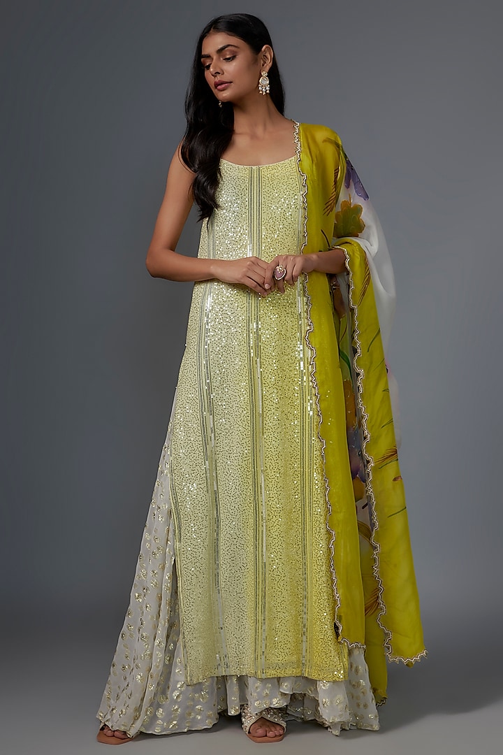 Green Net Sequin Embroidered Kurta Set by Kriti Bapna at Pernia's Pop Up Shop