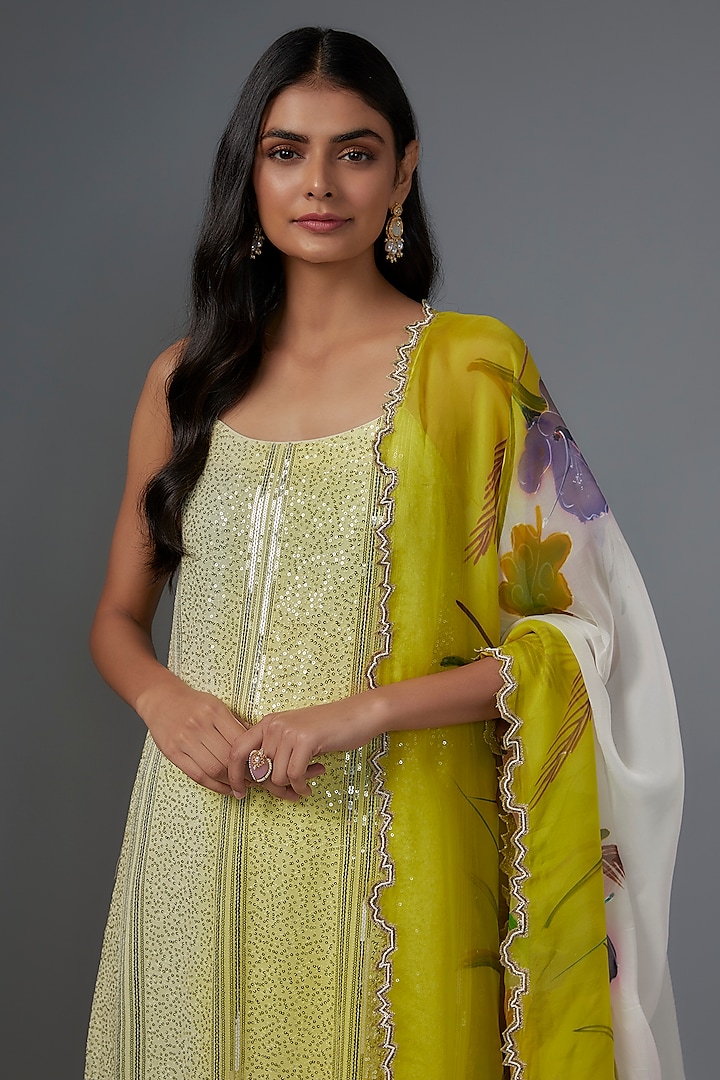 Green Net Sequin Embroidered Kurta Set by Kriti Bapna at Pernia's Pop Up Shop