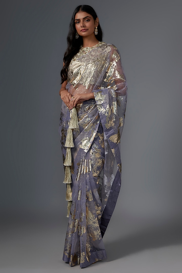 Purple Organza Foil Abstract Printed Party Wear Saree Set by Kriti Bapna at Pernia's Pop Up Shop