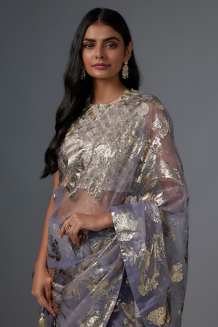 Purple Organza Foil Abstract Printed Party Wear Saree Set by Kriti Bapna at Pernia's Pop Up Shop