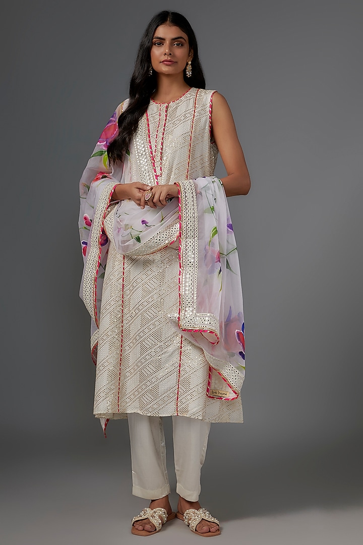 Ivory Silk Leheriya Kurta Set by Kriti Bapna at Pernia's Pop Up Shop