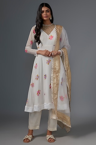 Ivory Viscose Organza Hand Painted Kurta Set by Kriti Bapna