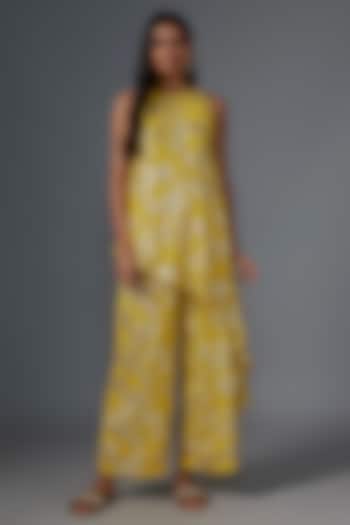 Yellow Brasso Weave Embroidered Asymmetric Co-Ord Set by Kriti Bapna at Pernia's Pop Up Shop