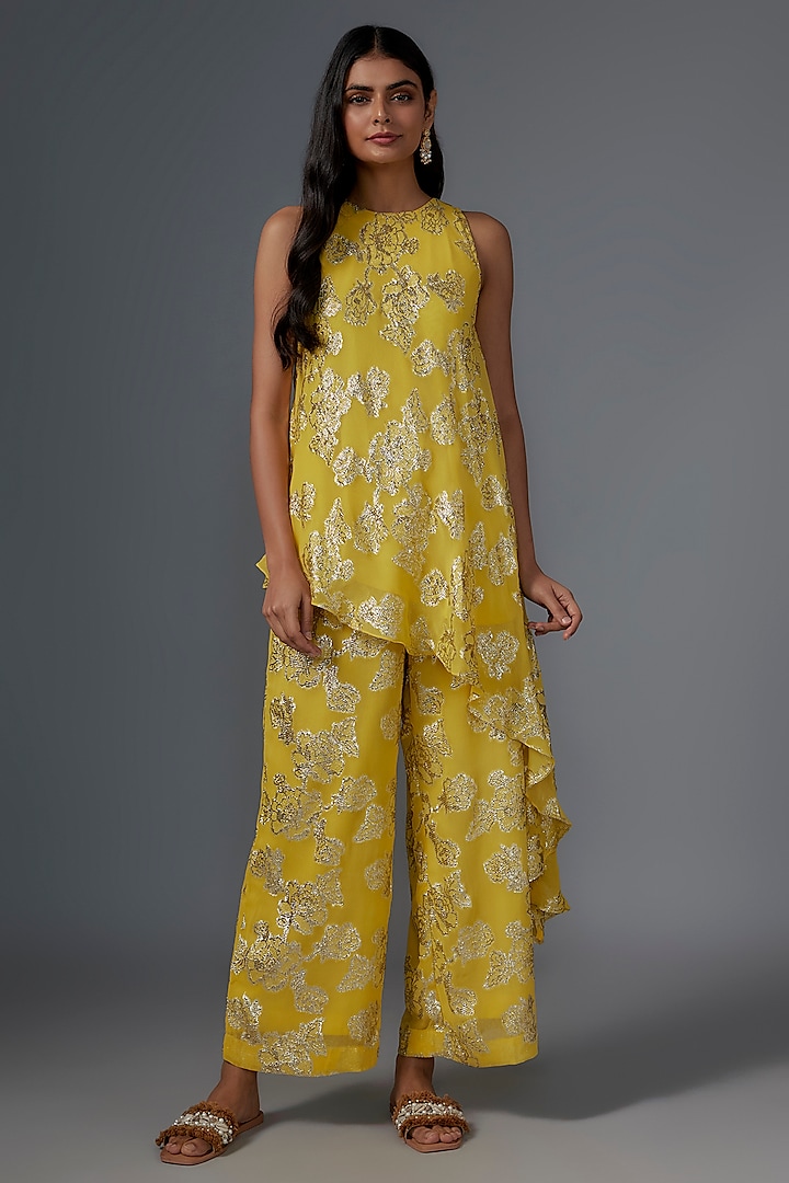Yellow Brasso Weave Embroidered Asymmetric Co-Ord Set by Kriti Bapna at Pernia's Pop Up Shop