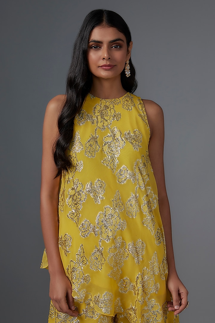 Yellow Brasso Weave Embroidered Asymmetric Co-Ord Set by Kriti Bapna at Pernia's Pop Up Shop