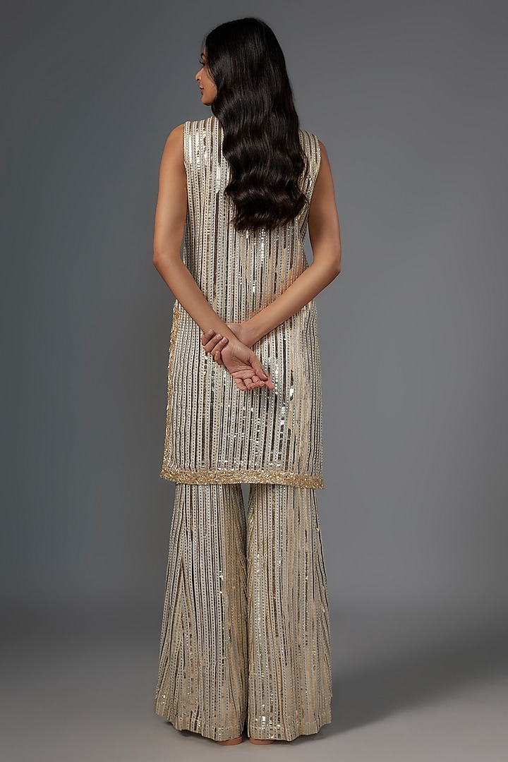 Gold & White Viscose Organza Foil Embroidered Striped Wedding Sharara Set by Kriti Bapna at Pernia's Pop Up Shop