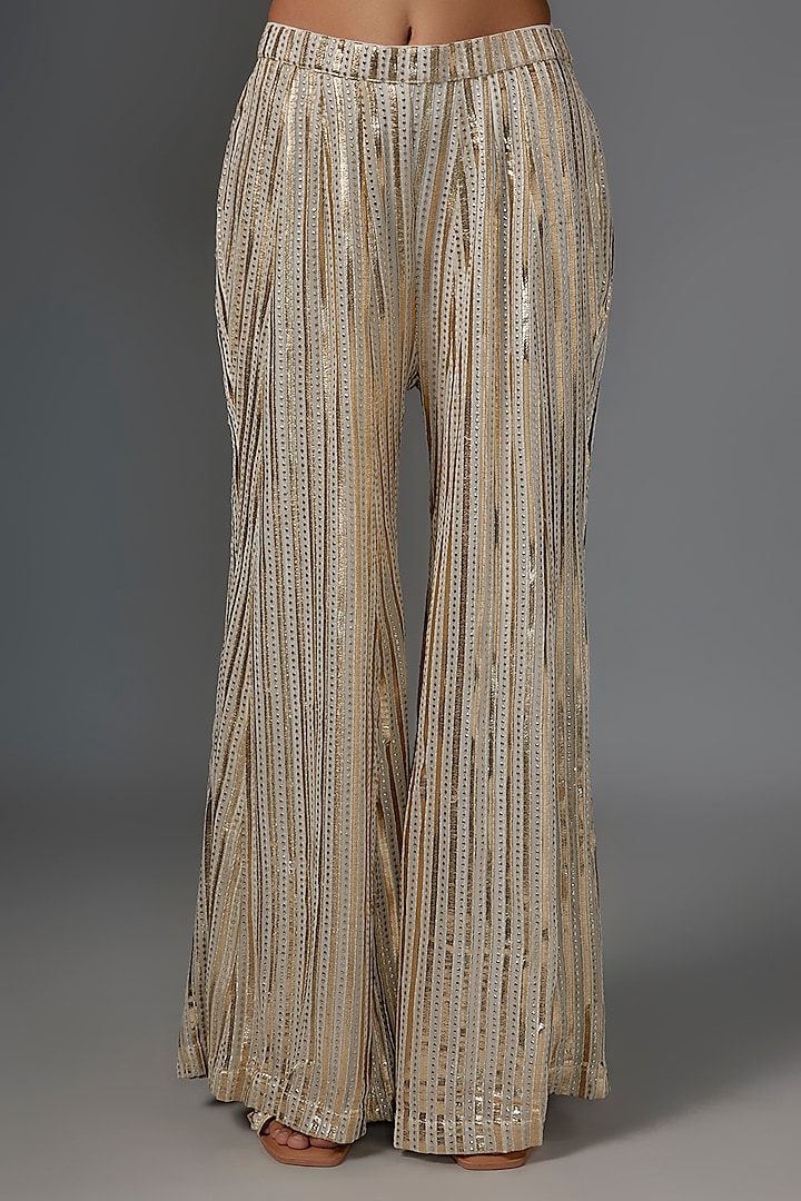 Gold & White Viscose Organza Foil Embroidered Striped Wedding Sharara Set by Kriti Bapna at Pernia's Pop Up Shop